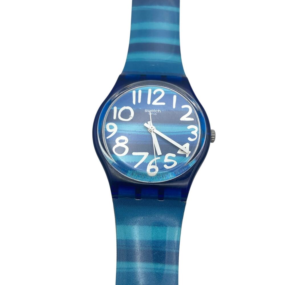 Swatch Swiss Linajola Blue Stripe Watch 34mm - Fresh Battery - Adjustable 7.25"
